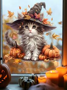 1 Piece Halloween Themed Pumpkin, Cat, Maple Leaf, Bat, Wizard Hat Glass Stickers Wall Stickers Bedroom Living Room Window Decoration