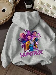 Felpa con cappuccio con stampa grafica e fodera in pile per ragazze pre-adolescenti, calda e confortevole per l'autunno/inverno