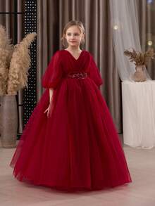 Tween Girl Burgundy Lace Embroidered Bow Mesh Elegant Party Princess Dress, Suitable For Girls' Birthday Party, Banquet, Formal Occasion, Prom, Wedding, Flower Girl