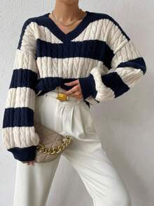 Women's Fall Two-Tone Cable Knit Drop Shoulder Long-Sleeve Sweater Top Clothing - Multicolor - View 4