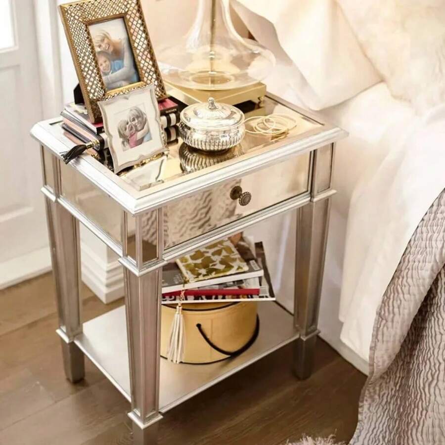 Mirrored Accent Silver Bedside Table Nightstand W/ Drawer&Open Shelf - 銀色 - 查看 1