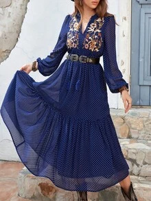 Rusttydustty 波西米亚风黑色雪纺圆点刺绣V领优雅女士长裙海滩度假音乐节 - 深藍色 - 查看 2