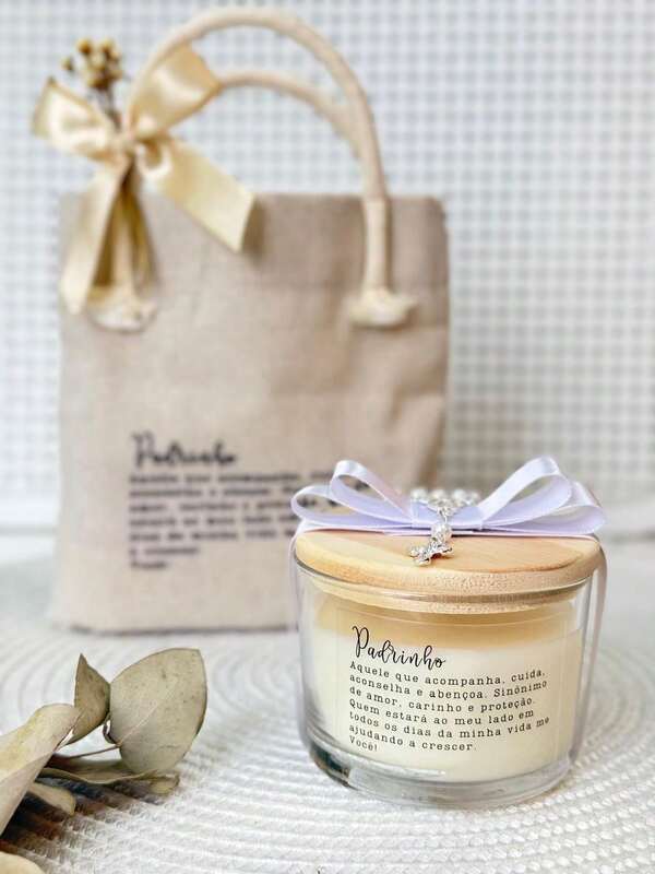 Vela perfumada personalizada com Mini Ecobag - PRESENTE PADRINHOS DE BATIZADO