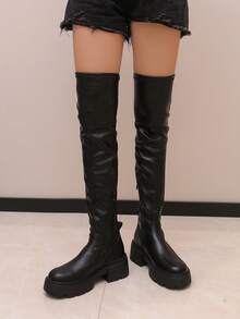 Women's Over The Knee Chunky Heel Platform Boots With Side Zipper – Stretch Thigh High Boots For Autumn Winter Streetwear Outfits - Black - View 3