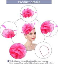Ibeauti Fascinator Hats With Screentouch Lace Gloves Set Women Tea Party Cocktail Wedding Derby Headwear Short Gloves - 04 亮粉色 - 查看 2