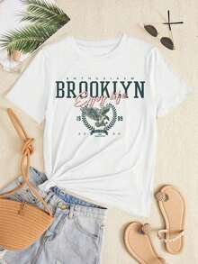Camiseta de manga corta casual de ajuste ceñido para mujer, con estampado de letras, camiseta de verano de moda-lilys-lilys URXY - Blanco - Ver 2
