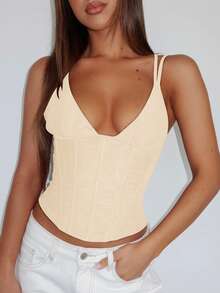 女士时尚性感纯色修身V领吊带背心，露脐短款设计，适合派对、街头、度假和日常穿着，春夏款 - 杏色 - 查看 3