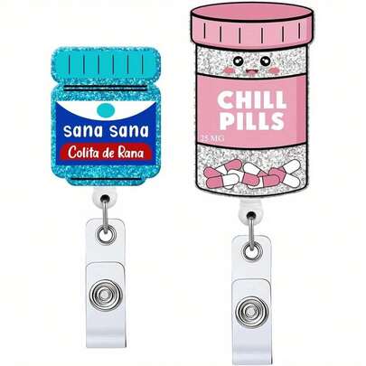 2 Pieces Smile Cold Pill Capsule Stretchable Badge Roll, With ID Clip Name Tag Card Nurse Office Staff Medical Student Crocodile Clip Funnyoon Pill Gift