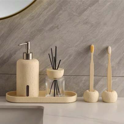 Dispensador de jabón y loción de resina, juego de accesorios de baño, organizador de baño para encimera, dispensador de jabón de mano vacío y soporte para cepillo de dientes, soporte para cepillo de dientes, vaso para enjuague bucal, juego de bandeja, bandeja de tocador para baño