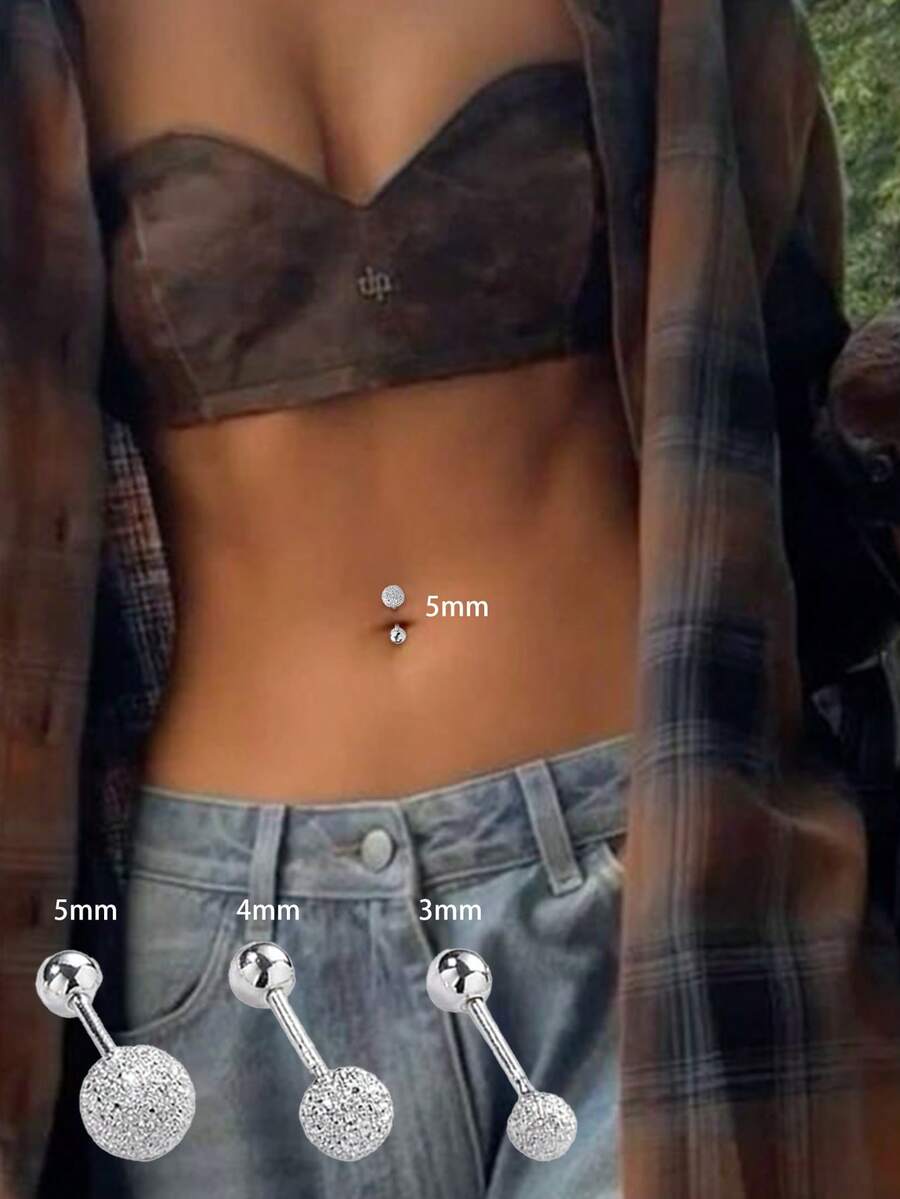 1PC S925 Sterling Silver Matte Threaded Screw Thread Round Bead Navel Stud, Simple, Fashionable And Versatile Navel Stud For Ladies - Single Belly Button Nail - View 1