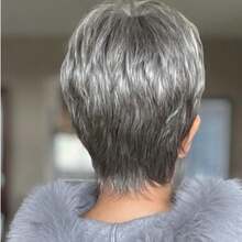 Elegant Pixie Cut Wig With Bangs For Women - Grey Color, 180% Density, Pre-Plucked Brazilian Human Hair, Glueless Layered Style, Versatile Styling & Trimming - 灰 - 查看 7