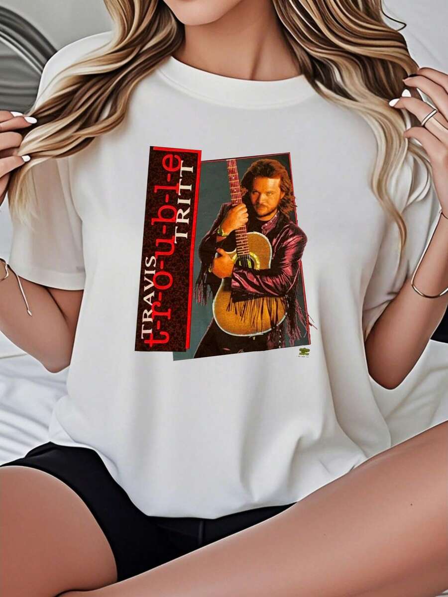 Women's-Shirt Casual Loose Fit Black White Options Travis Tritt Guitar Print Graphic Tee Summer Tops Ladies Shirts Summer Tops Graphic Tees Summer Outfits Women Graphic Tees Women Crop Tops Tops Women Vintage Cotton Cute Clothes Women - 白色 - 查看 1
