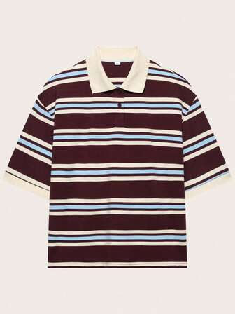 女式短袖 Polo 领条纹复古美式 T 恤，夏季