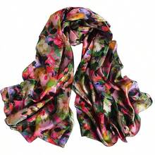 100% Mulberry Silk Scarf For Women Lightweight Long Scarves Beach Wraps Cover Up -Travel Photography Scarfhalloween - 綠色粉紅色 - 查看 1