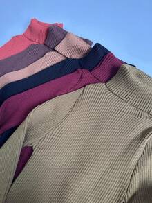 Cacharrel Feminina Tricot Blusa de Frio Gola Alta Manga Longa Básica Clássica Tricô Moda Outono/Inverno