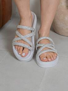Women's  Platform Sandal With Shiny Rhinestone Straps, Lightweight And Comfortable, Blogger - White X Bright - View 3