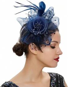 Ibeauti Fascinator Hats With Screentouch Lace Gloves Set Women Tea Party Cocktail Wedding Derby Headwear Short Gloves - 02 海軍藍 - 查看 2