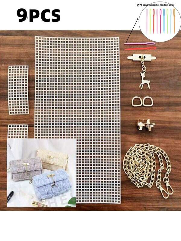 1 CONJUNTO/9 Peças Conjunto de Malha de Plástico Auxiliar de Tecelagem DIY, Material Auxiliar de Tecelagem, Acessórios de Rede para Fazer Bolsas, Cobertura de Rede para Bolsas Feitas à Mão, Sacolas, Material para Fazer Sacolas, Melhores Presentes de Feriado, Artesanato - A Cor da Agulha de Costura é Aleatória