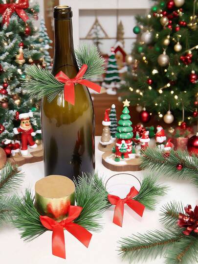 5pcs/10pcs Christmas Napkin Ring Wreath With Artificial Green Pine Needles & Red Bow-Knot,Winter Fake Greenery Plant Vine Garland Napkin Holder,Rosette Candlesticks Garland Christmas Baubles,Xmas Home Living Room, Bedroom, Room Decor, Wedding Decoration, Anniversary Gift, Xmas Gift Box Accessories Christmas Decorations