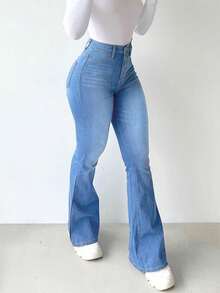 Women's Stretch Skinny Jeans Women's - Hip Lift Slimming Micro Pants Front Buckle Slimming God Pants All Match Leg Long Flare Pants European And American Retro Spice Pants - 淺色水洗藍 - 查看 6