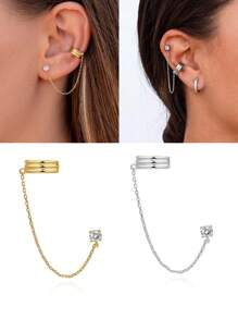 1 pieza Pendiente con cadena de oreja única para mujer | Pendientes de aro con doble perforación y cadena | Pendientes de mujer con circonita cúbica