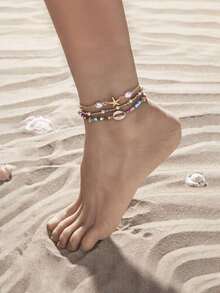 3 件/套女孩海星和贝壳串珠脚链，多层简约时尚脚链套装 - 彩色 - 查看 6