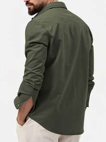 Men's Green Business Casual Long Sleeve Shirt, Solid Color Versatile Long Sleeve Dress Shirt, Fall