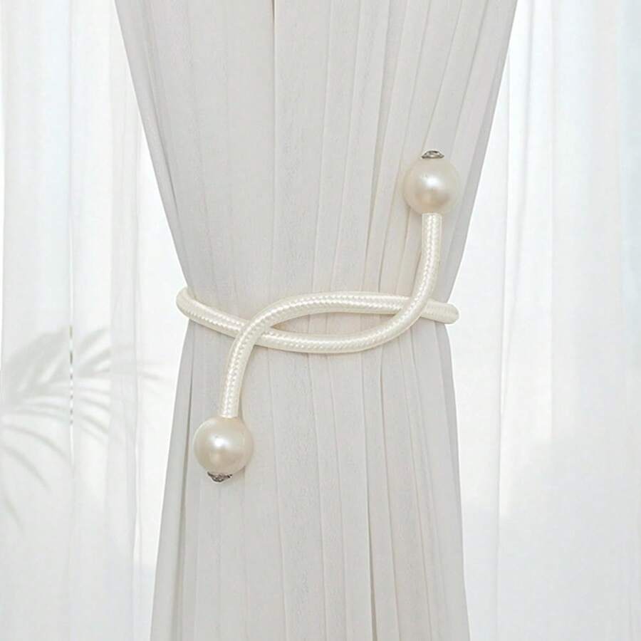 4pcs Window Curtain Tie Backs, Pearl Decor Rope Fixation Brackets Suitable For Small, Thin Or Sheer Curtains - White - View 1