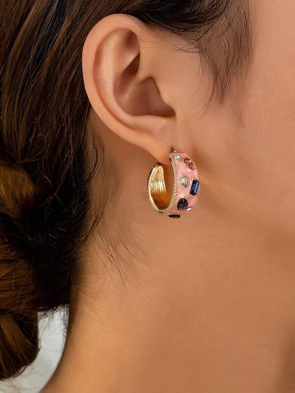 1 Pair Geometric Color Block Rhinestone Dangle Hoop Earrings, Suitable For Daily Wear