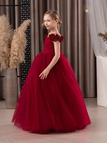 青少年女孩勃艮第 3D 花卉网眼覆盖派对礼服，优雅公主礼服适合女孩礼服、生日派对、舞会、婚礼、花童、伴娘、节日场合 - 酒紅色 - 查看 3