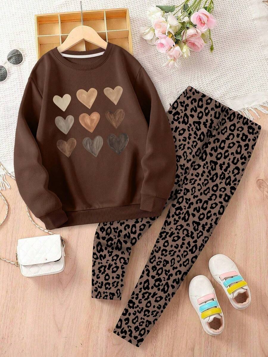 Tween Girls Vintage Heart Print Sweatshirt And Leopard Print Pants Casual Outfit - Brown - View 1