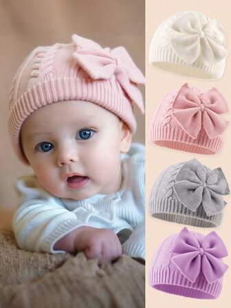 1 pieza Gorro de punto de cable para bebé con lazo a juego, suave y cálido de moda, adecuado para recién nacidos de 0 a 6 meses para uso diario en otoño/invierno