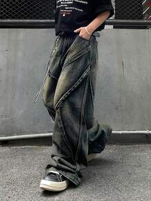 1pc Men's Distressed Vintage Wash Deconstructed Patchwork Wide Leg Jeans (Product Does Not Include Belt And Accessories) - Blue - View 7