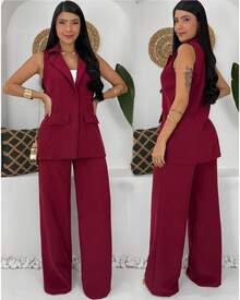 Women's Tie-Up Vest And Wide Leg Pants Set Chic Work Elegant Fashion Ladies - 紅木色 - 查看 2