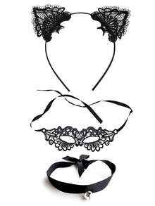D EXCEED 2/3/4/5 pièces Ensemble de serre-tête à oreilles de chat en dentelle, masque pour les yeux et collier à clochette pour femmes - pour le cosplay d'anime, les fêtes d'Halloween - Multicolore - Voir 17