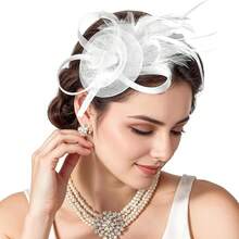 Fascinators Hats Women,Tea Party Fascinator Hair Clip With Feathers Wedding,Derby Hats Headbands - 白色 - 查看 1