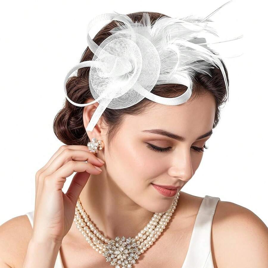 Fascinators Hats Women,Tea Party Fascinator Hair Clip With Feathers Wedding,Derby Hats Headbands - 白色 - 查看 1