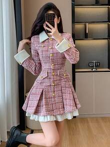 RUIWY 女士秋冬加厚二合一收腰迷人褶皱纽扣中长连衣裙，甜美时尚 - 粉色 - 查看 5