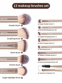 MAANGE 13件套专业软毛长铝管化妆刷套装，包含睫毛刷、眼影刷、眉刷、晕染刷、唇刷、高光刷、遮瑕刷，适用于粉状、液状、膏状化妆品，非常适合日常使用和旅行，精致的化妆配件礼盒套装，赠品，专业化妆刷，完整化妆套装 - 金色 - 查看 12