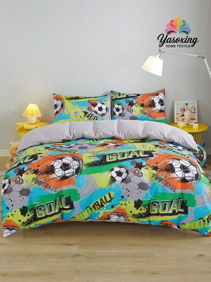 3pcs Green Sport Football Pattern Duvet Cover Set, Modern Fabric Bedding Set For Home Gaming Bedding Set Duvet Cover Set 3 Pieces Printed  Room Decorations Comforter Cover Soft Microfiber Duvet Cover For 2 Pillowcases No Comforter For All Seasons Domitory Bedding Back School Bedding - Multicolor - View 1