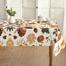 1pc Thanksgiving Turkey & Autumn Leaves Pattern Tablecloth, Seasonal Kitchen/Dining Table Decor, Round/Rectangular Sizes Available, Polyester Material, Indoor/Outdoor Party Decoration, Thanksgiving Holiday Decor, Home & Event
