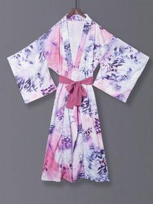 超大号女式休闲豹纹和服罩衫，宽松版型春夏街头风外套，3/4 袖，中长款雪纺长袍