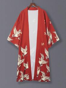 Áo choàng Kimono thời trang nhẹ in hình con sếu, Xuân/Hè, hở phía trước, dài vừa phải, Unisex, Boho, Áo choàng đi biển, Phong cách cổ điển - Đỏ - Xem 2