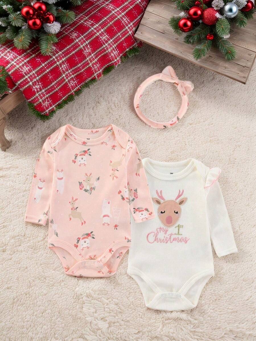 3件套时尚圣诞新生女童长袖连体衣套装秋冬 - 彩色 - 查看 1