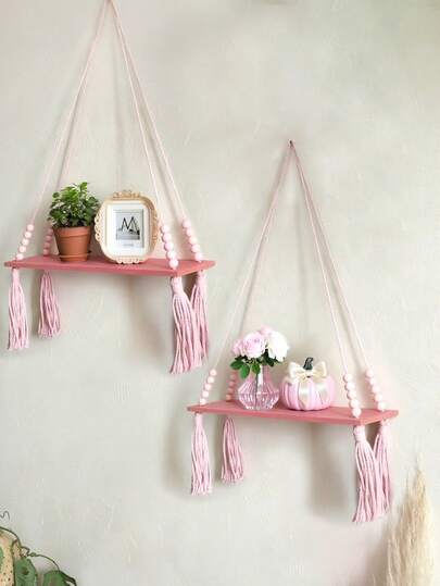 1pc/2pcs Bohemian Pink Tassel Beaded Hanging Shelf, Decorative Wooden Wall-Mounted Floating Storage Rack, Suitable For Bedroom, Living Room - Cute Boho Style Storage Rack, Can Hold Small Plants, Toys And Decorations, Woven Wall-Mounted Shelf - Bohemian Style Wooden Wall Hanging Shelf, Decorated With Wooden Beads, Farmhouse Style Floating Shelf, Country Style Hanging Plant Rack, Suitable For Bedroom, Living Room, College-Style Room Decor