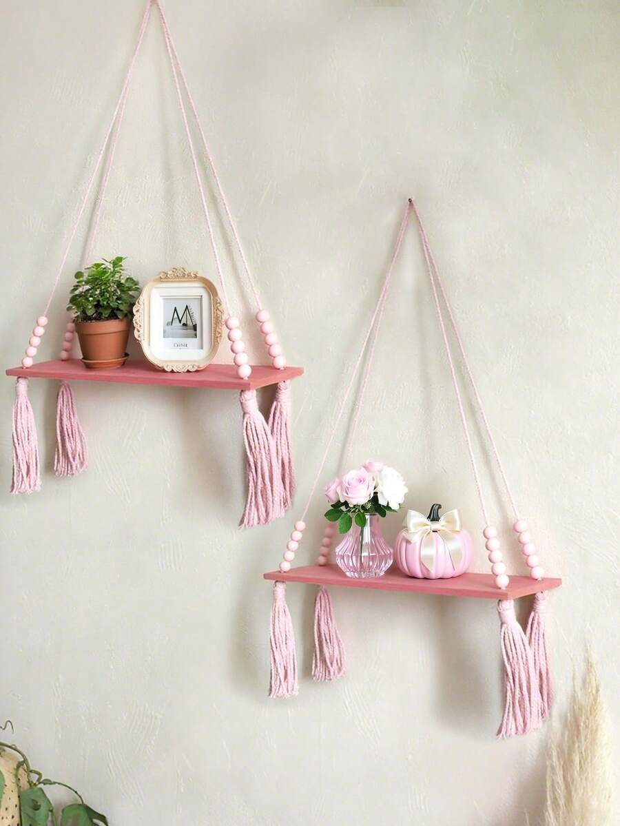 1/2 chiếc kệ treo tường trang trí bằng gỗ màu hồng tua rua đính hạt, thích hợp cho phòng ngủ, phòng khách - Kệ đựng đồ phong cách Boho dễ thương, có thể để cây nhỏ, đồ chơi và đồ trang trí, kệ treo tường đan lát - Kệ treo tường bằng gỗ phong cách Bohemian, trang trí bằng hạt gỗ, kệ treo tường kiểu nhà nông thôn, kệ treo cây kiểu đồng quê, thích hợp cho phòng ngủ, phòng khách, trang trí phòng kiểu sinh viên.