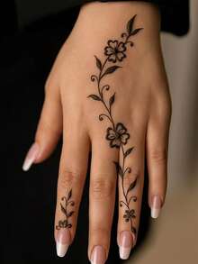 Waterproof And Sweat-Proof, Washable Temporary Tattoo Sticker - 1 Piece. Unique And High-Grade Design, Featuring Flowers, Vines And Henna. This Is A Fashionable Plant And Flower Pattern Tattoo. Suitable For People To Use Daily. - Black - View 3
