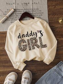 1pc Valentine's Day Girls Casual "DADDY'S GIRL" Print Crew Neck Sweatshirt, Autumn/Winter Student Young Children Long Sleeve Top - Leopard Print Fashionable And Cool, Suitable For Young Trendsetters - Apricot - View 3