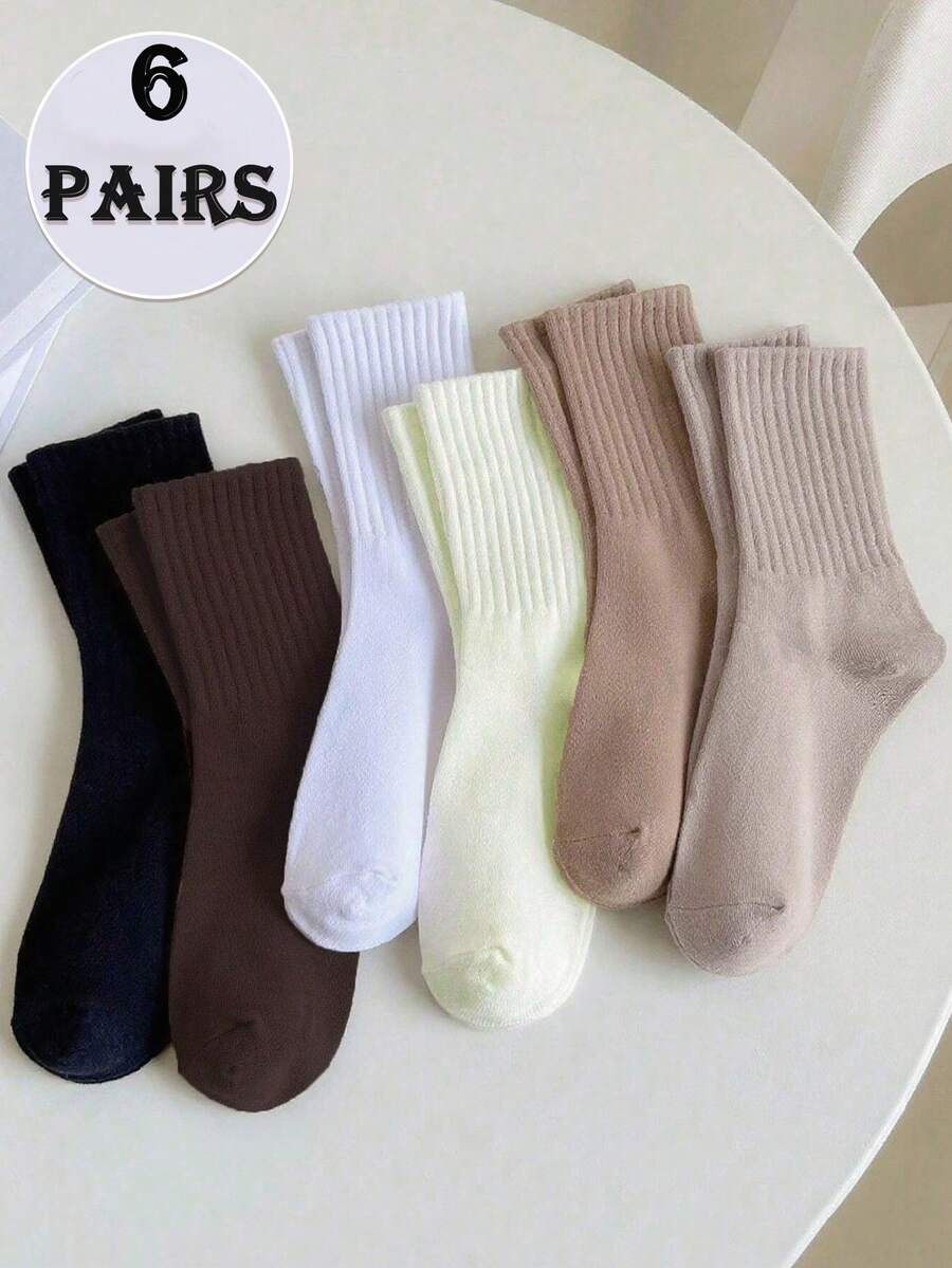 6 أزواج من مجموعة جوارب ذات لون أحادي متنوعة، جوارب رياضية عصرية متعددة الاستخدامات للنساء، مناسبة للخريف/الشتاء، ناعمة وراحة
