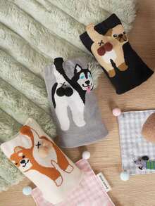3双装女士卡通趣味小狗设计休闲可爱情侣中筒袜，日常百搭（随机发货） - 彩色 - 查看 9